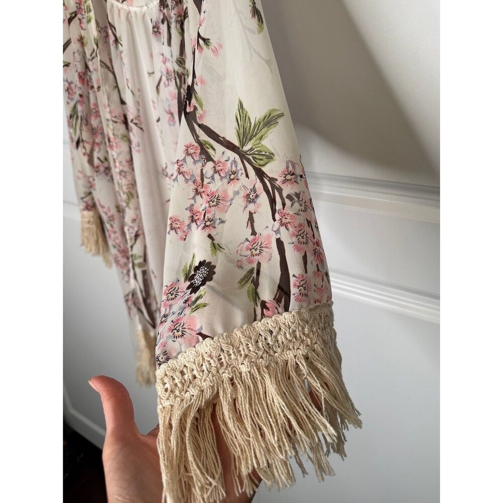 Boho Floral Cherry Blossom Kimono Cardigan Crochet Fringe Duster One Size - Picture 3 of 6
